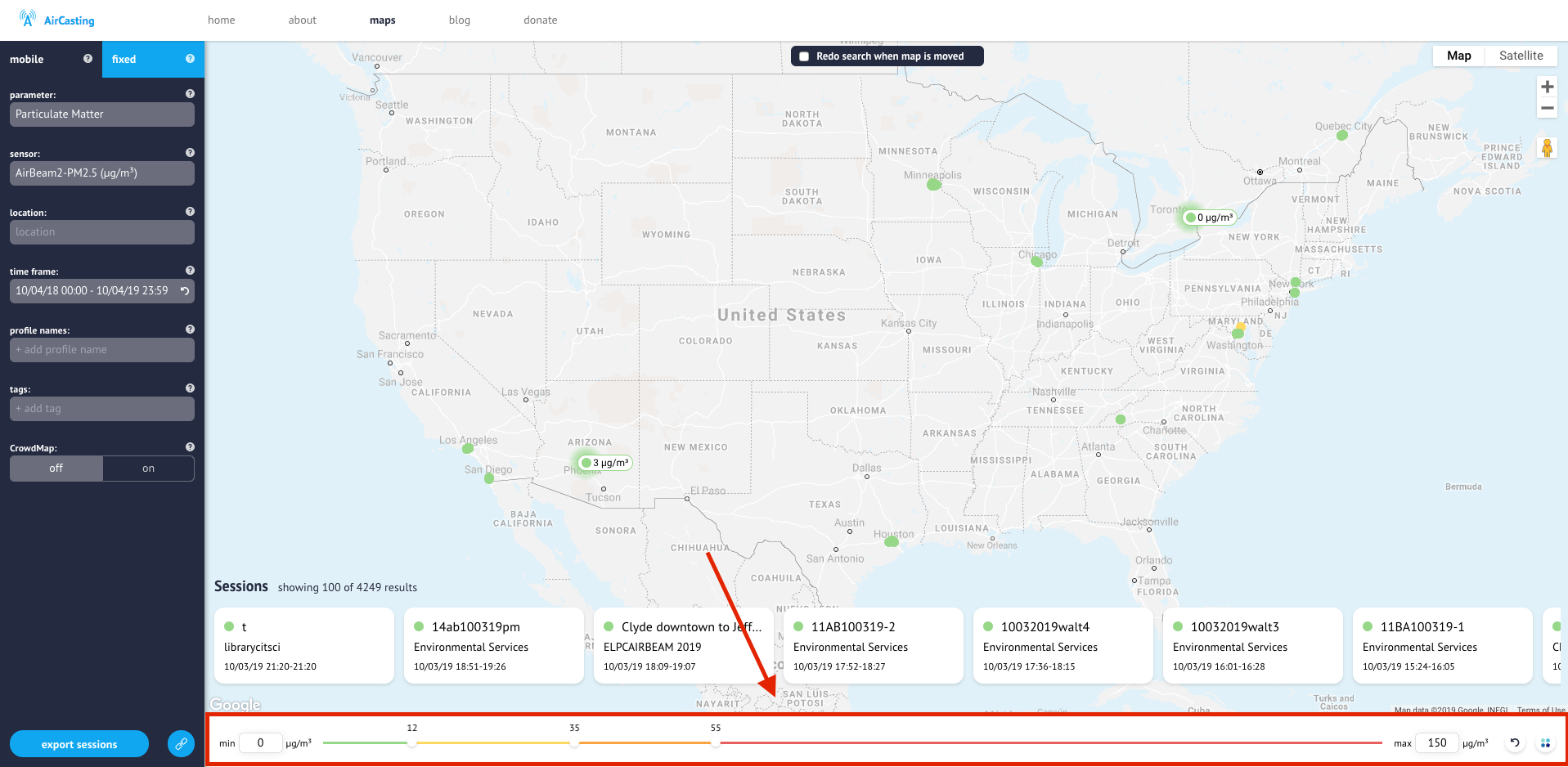 Screenshot of AirCasting with the heatmap indicated