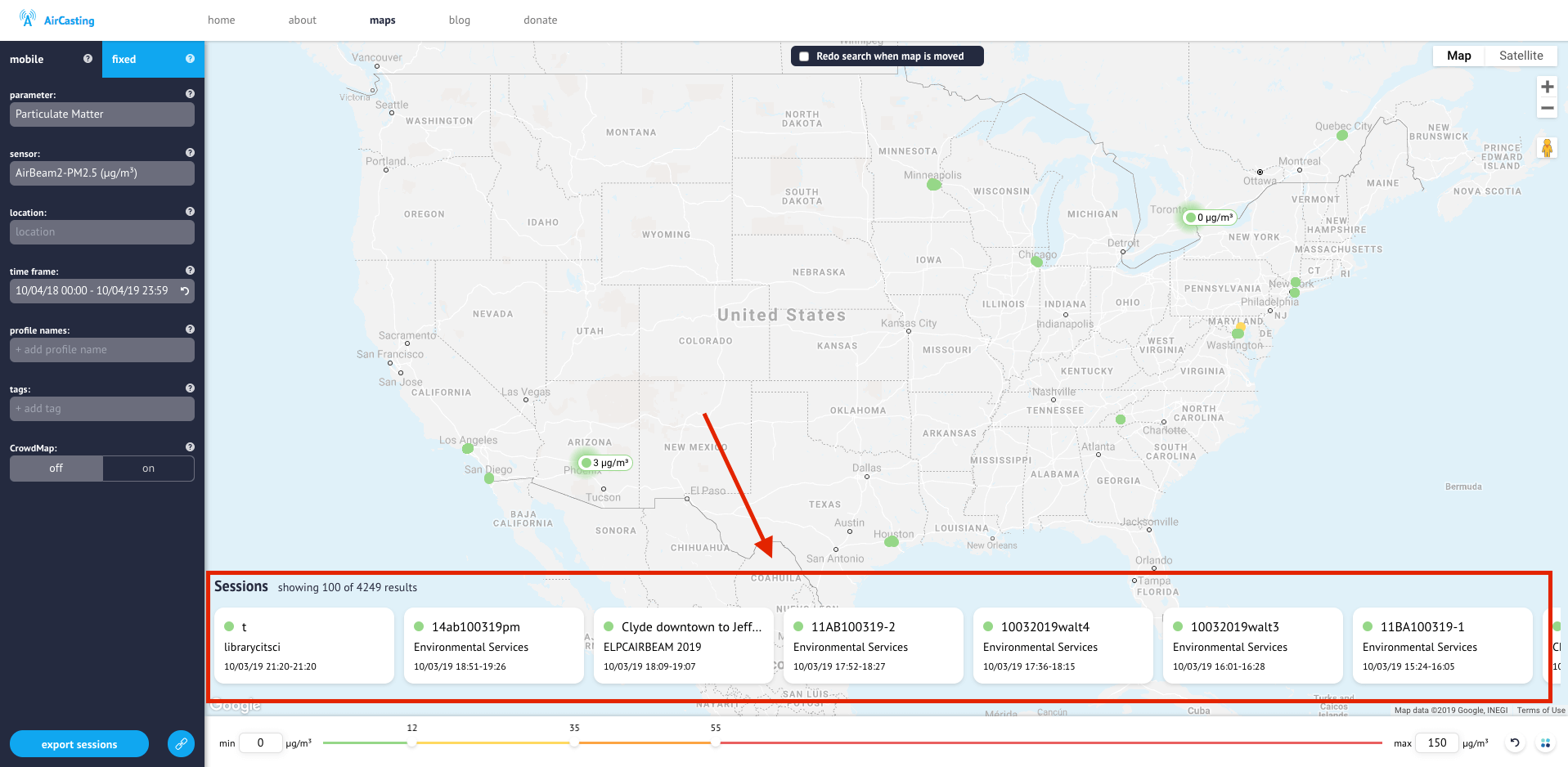 Screenshot of AirCasting with the sessions list indicated